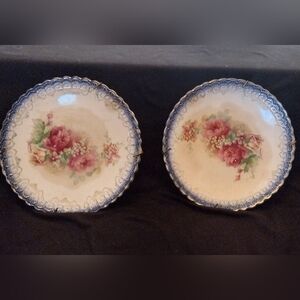 Antique Sterling China Blooming Roses Plates 6" Pink Cream Roses Blue Signed
